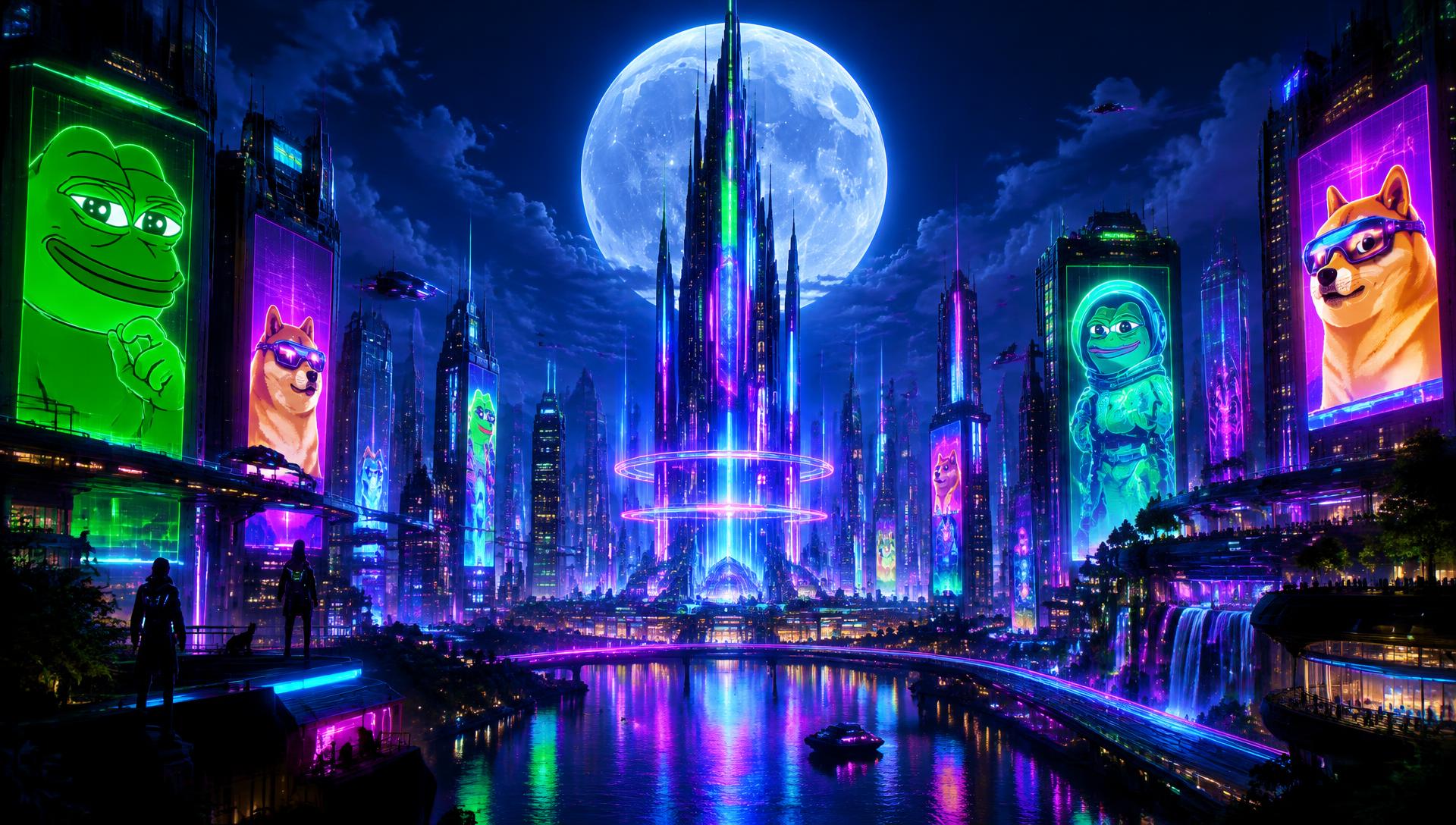 Neon Meme City skyline with central tower and moon